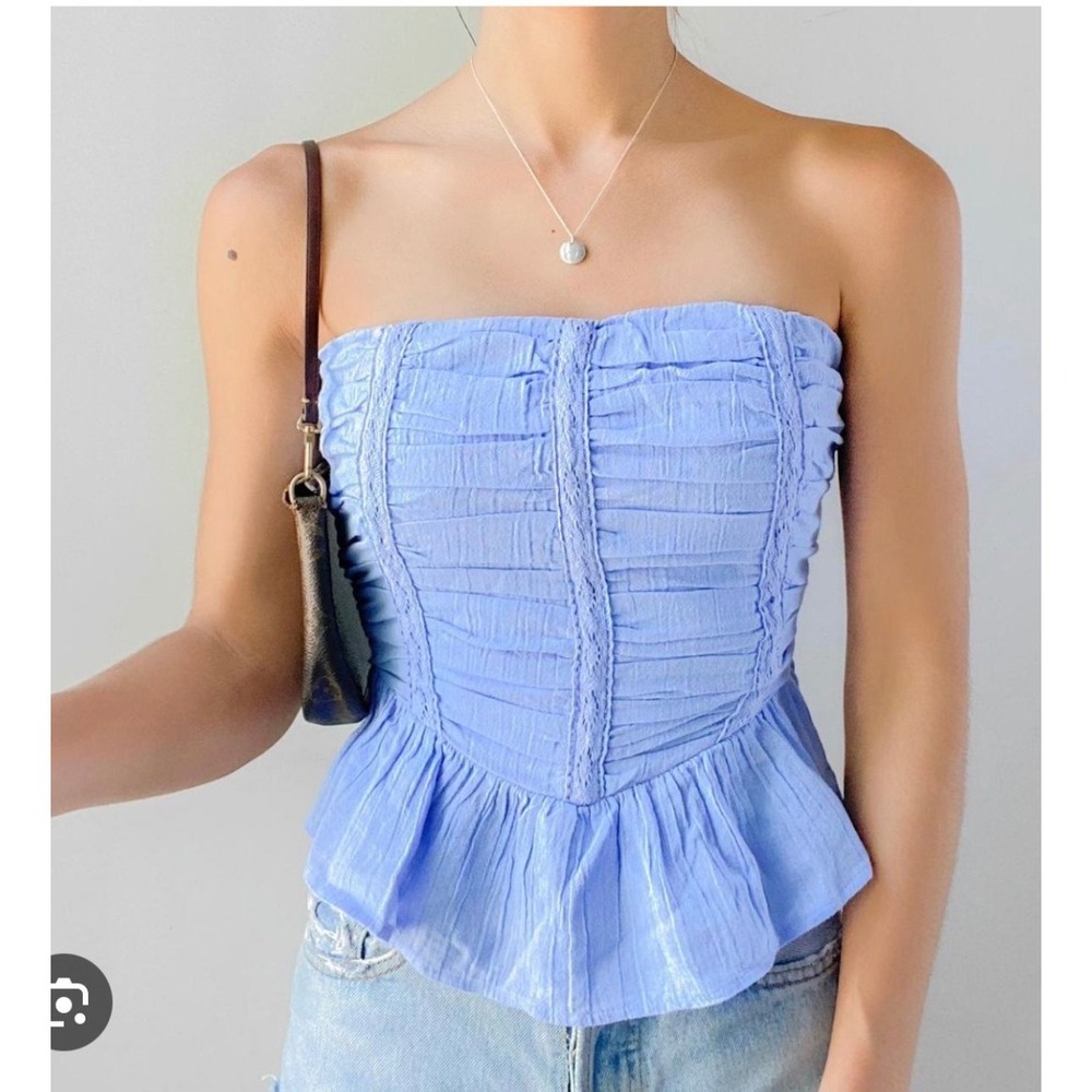 Free People Blue Ruched Lace Trim Smocked Peplum Tube Top XS